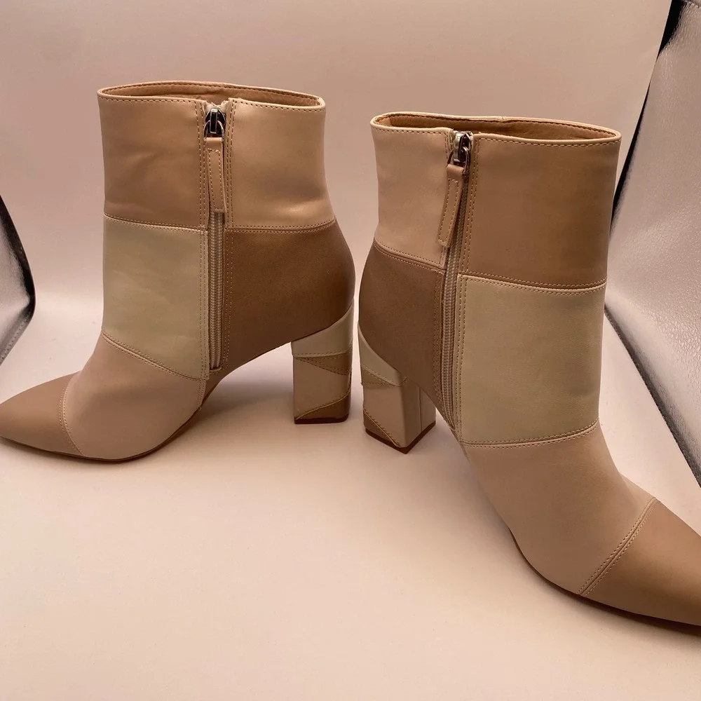 Madden Girl Flex-P Patchwork Ankle Boots Beige Tan Block Heel Pointed Toe Size 9 - Picture 2 of 8